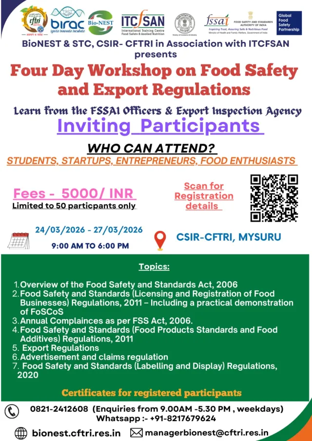 Poster: four-day workshop on food safety and export regulations, CSIR-CFTRI, Mysuru, 24-27 March 2026