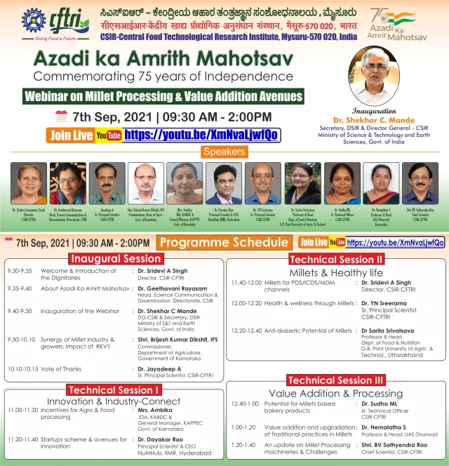 Programme: Azadi Ka Amrit Mahotsav webinar on millet processing and value addition avenues, 7 September 2021