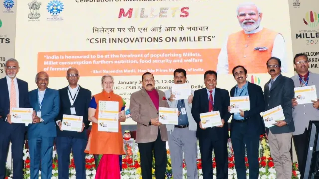 Dignitaries releasing publications at the CSIR Innovations on Millets event